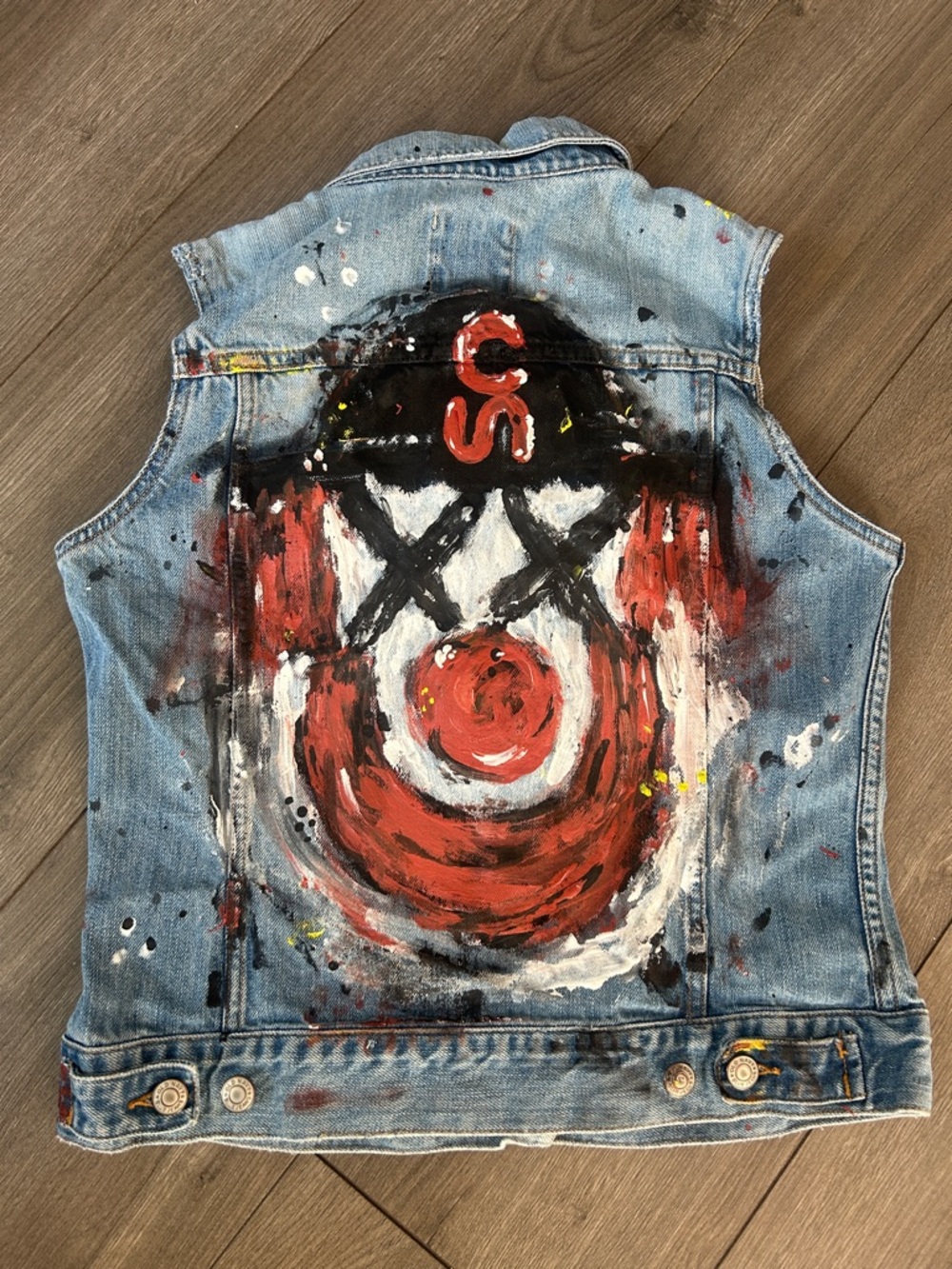 Hand Painted Calgary Stampede conklin Clown Denim Vest, clowncore, handmade